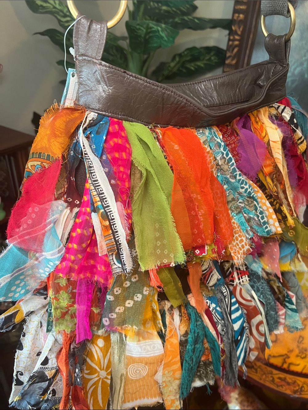 Karma Living Boho Hobo Colorful Scarf Fringe Brown Leather Crossbody Bag Purse - Picture 11 of 17